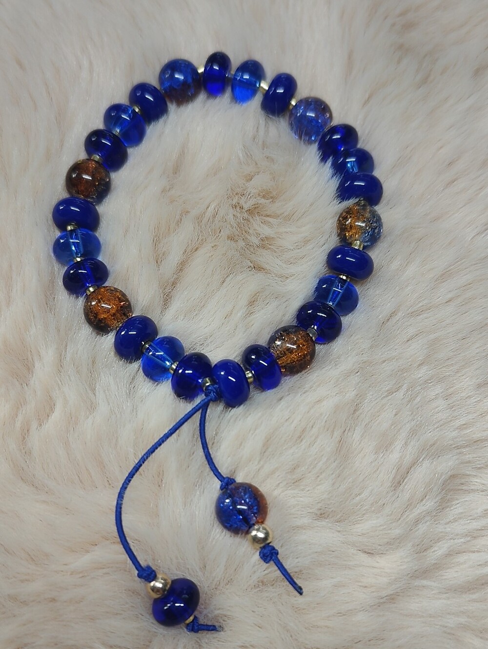 Blue and Amber Glass Bead Stretch Bracelet
